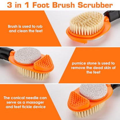 Foot Scrubber with Pumice Stone, 3 in 1 Adjustable Aluminum Tube 15”-28” Shower feet Dead Skin Remover, Foot Cleaning Brush for Seniors,Elderly, Disabled Men and Women