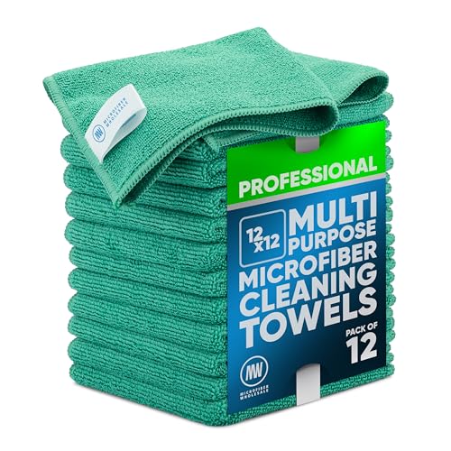 MW PRO Microfiber Cleaning Cloths (12 Pack, 12"x12", Green) - Commercial Grade Housekeeping Towels & Janitorial Rags - Lint Free & Streak Free for Windows, Glass & Auto Detailing - Washable 300+ Times - color: Green, size: 12 Count (Pack of 1)