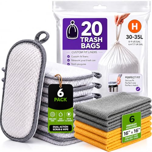 Kitchen Cleaning Bundle: 6 Non-Scratch Scrub Sponges, 6 Microfiber Cloths 16x16 and 20 Code H Trash Bags 8-9 Gallon, Cleaning Supplies for Kitchen, Sink, Bath and Dishes