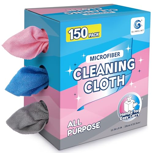 GLIMGLINT Microfiber Cleaning Cloth, 150 Pack Reusable Lint-Free Towels with Dispenser Box - Multi-Color Soft Microfiber Towels for Home, Kitchen, Bathroom, Glass & Tables - 11"x9" Washable Shop Rags - color: Blue/Pink/Grey