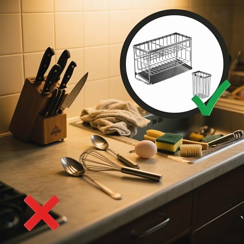 Kitchen Sink Caddy Organizer with Tall Brush Holder – Rustproof 304 Stainless Steel Sponge Rack, Soap Dispenser Tray for Countertop, Modern Kitchen Accessories & Storage