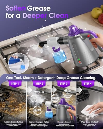 Handheld Steam Cleaner for Home, Pressurized Multi Purpose Steamer for Cleaning Upholstery Bed Furniture Couch Carpet Car with 14 Accessories & Safety Lock, Small Container for Grease