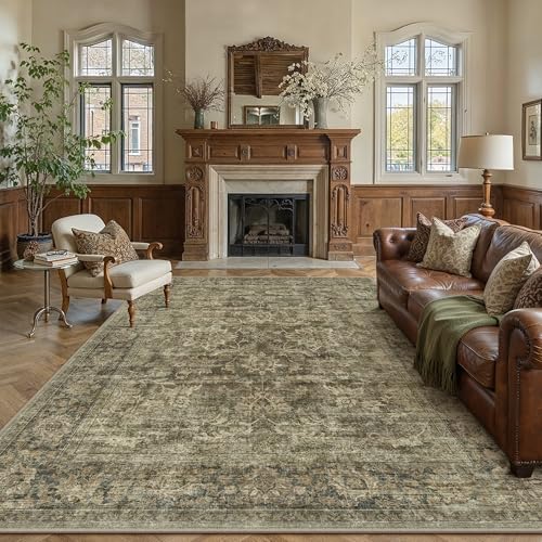 HUGEAR 8x10 Area Rug Mossy Vintage Machine Washable Rug Room Decor Distressed Living Room Rugs Non Slip Low Pile Soft Carpet for Bedroom Dining Room Office Soft Lightweight - color: Mossy, size: 8' x 10' (Rectangular)