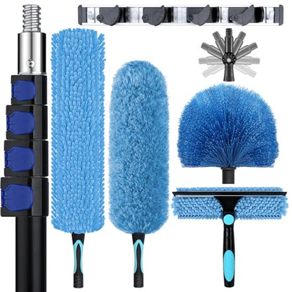 36ft High Ceiling Duster Kits with 5-30ft Heavy Duty Extension Pole - Fan Blade Cleaner, Cobweb Remover & Blue Window Squeegee Kit, Washable Dust Brush for High Roof and Glass Surfaces - size: 30FT