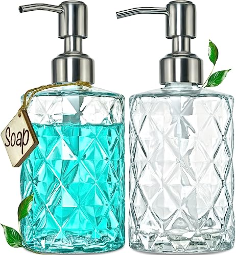 JASAI 2Pack Diamond Embossed Glass Soap Dispenser with 304 Rustproof Stainless Steel Pump, 12 OZ Bathroom soap Dispenser with A Wooden Tag, Elegant Hand Soap Dispenser for Bathroom & Kitchen