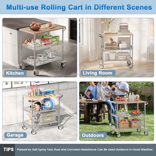 Leteuke Rolling Kitchen Carts with Wheels, 34" L x 17.5" W, 3-Tier Heavy Duty Utility Cart with Wood Tabletop, NSF Commercial Metal Serving Cart with Handle and Shelf Liner for Kitchen, Chrome - color: Wood-chrome