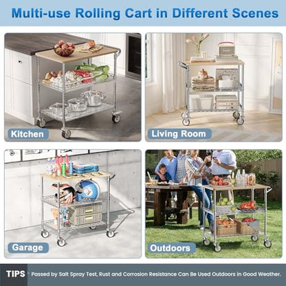 Leteuke Rolling Kitchen Carts with Wheels, 34" L x 17.5" W, 3-Tier Heavy Duty Utility Cart with Wood Tabletop, NSF Commercial Metal Serving Cart with Handle and Shelf Liner for Kitchen, Chrome - color: Wood-chrome
