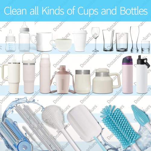 8Pcs Water Bottle Cleaner Brush, Multipurpose Bottle Brush Cleaner Kit with Long Nylon Straw Brush Cleaner for Owala, 4 in 1 Bottle Gap Cleaner and Long Handle Silicone Cup Cleaners(Blue)