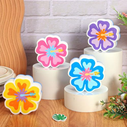 AnyDesign 4Pcs Hibiscus Flower Kitchen Sponges Water Absorbing Dish Washing Sponge Tropical Hawaiian Floral Dual Sided Non Scratch Scrubber for Summer Aloha Festival Household Supplies