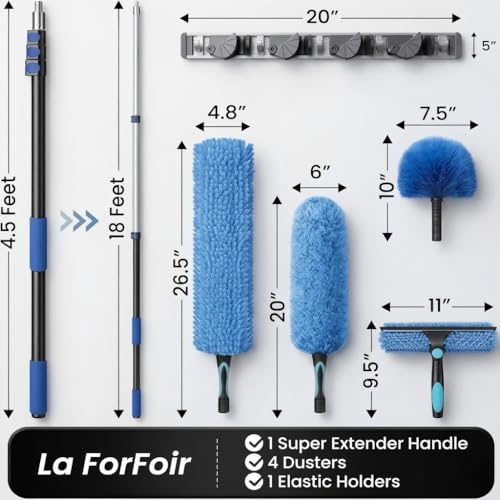 25ft High Ceiling Duster Kits with 5-18ft Heavy Duty Extension Pole - Fan Blade Cleaner, Cobweb Remover & Blue Window Squeegee Kit, Washable Dust Brush for High Roof and Glass Surfaces - size: 18FT
