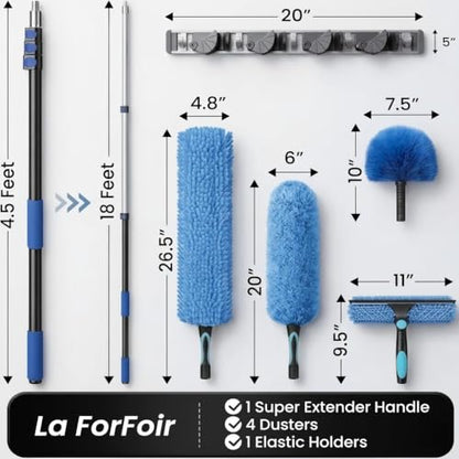 25ft High Ceiling Duster Kits with 5-18ft Heavy Duty Extension Pole - Fan Blade Cleaner, Cobweb Remover & Blue Window Squeegee Kit, Washable Dust Brush for High Roof and Glass Surfaces - size: 18FT