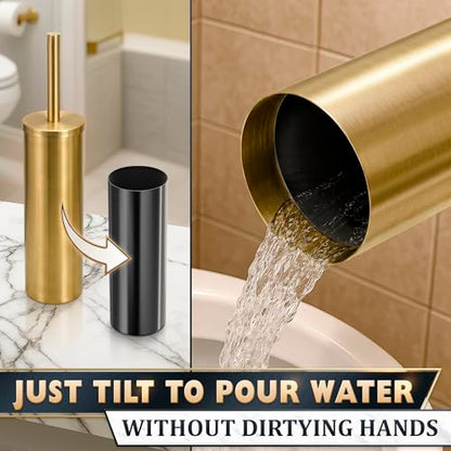 Gold Toilet Brush and Holder Set - Stainless Steel Gold Toilet Bowl Brush and Holder with Replaceable Head, Removable Inner Bowl, and Splash Guard - Dense Bristles for Thorough Cleaning - color: Gold