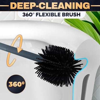 Toilet Brush and Holder Set - Silicone Toilet Brush Cleaner with Dark Grey Holder Base, Compact Accessory for Small Spaces - Easy to Place & Simple to Store After Use, Plastic Bathroom Cleaning Tool - color: Gray