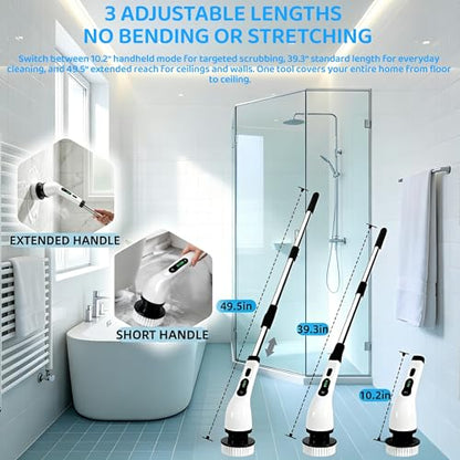 Electric Spin Scrubber,for Mom, 6 Interchangeable Brush Heads, IPX7 Waterproof Cordless Scrubber with Extendable Handle, 2-Speed Rechargeable Bathroom Cleaner for Tub Tile Grout Toilet
