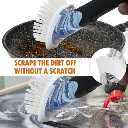 Soap Dispensing Replacement Dish Brush Storage Set with 2 PCS Brush Refills & Holder - RIMAY Dispenser Scrub Cleaning Scrubber Kitchen Dishwashing Dish Wand Handle for Dishes/Pans/Pots/Sink(Black) - color: Black