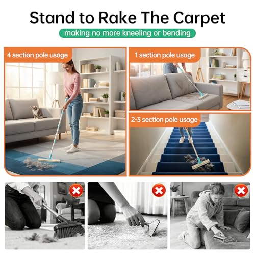 Carpet Rake for Pet Hair Removal Tool, 2 in 1 TPU and Copper Rake Teeth Uproot Clean Hair Remover with 63’’ Adjustable Long Handle,Cat & Dog for Carpets,Rugs, Mats (63’’ Handle) - size: 63in-1pcs-Rake