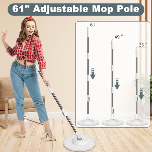 Mop and Bucket with Wringer Set,Spin Mop and Bucket System, Mops for Floor Cleaning,Household Supplies Tools with 6 Replacement Refills,61" Extended Handle for Household Hardwood Floor - White - size: White Mop Bucket + 6 Mop Heads