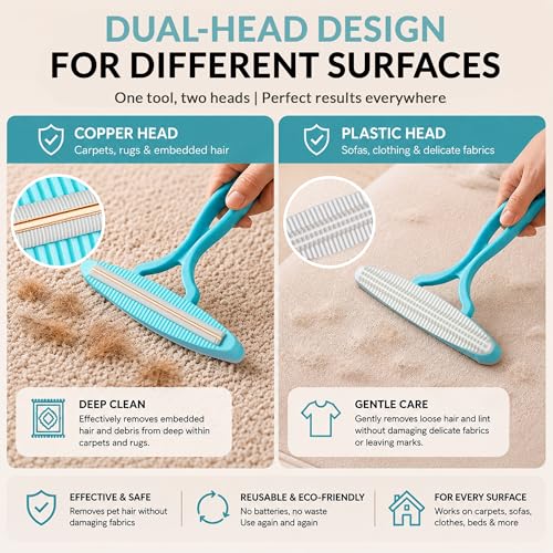 2 Pack Set Pet Hair Removal Tool – Dual-Head Copper & Plastic Scraper for Carpet, Furniture & Car, Reusable Lint Remover for Embedded Dog & Cat Hair - color: Sapphirine
