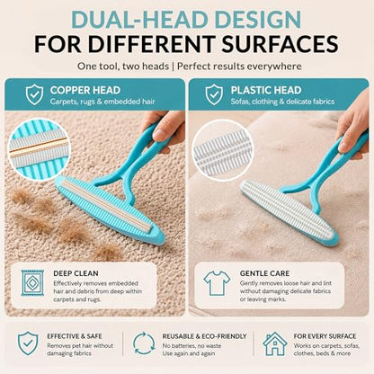 2 Pack Set Pet Hair Removal Tool – Dual-Head Copper & Plastic Scraper for Carpet, Furniture & Car, Reusable Lint Remover for Embedded Dog & Cat Hair - color: Sapphirine