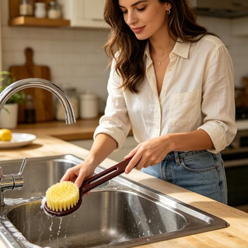 2 Pack Dish Brush with Handle, Stiff Bristles Dish Scrubber, Labor-Saving Kitchen Brush for Dishes, Pots, Pans and Sink Cleaning(Brown) - color: Brown