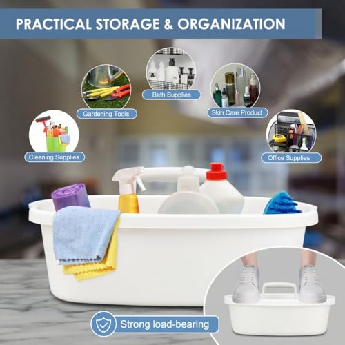 Cleaning Supplies Caddy with Handle, Portable Shower Caddy Organizer Plastic Basket with Handle, Stackable Tool Storage for Bathroom, Garden, Kitchen, Home Organization, White