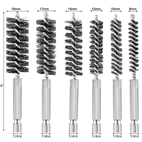 Patelai 6 Pcs Stainless Steel Wire Bore Brush Different Size Twisted Cleaning Brush with Handle 1/4 Inch Hex Shank for Power Drill Impact Driver (8/ 10/ 12/ 15/ 17/ 19 mm) - size: 8/ 10/ 12/ 15/ 17/ 19 mm