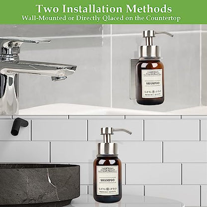 Wall Mount Soap & Shampoo Dispenser, 8.5oz Silver Pump Bottle | silver & brown design with leakproof pump and waterproof labels; rust-resistant, easy to refill for modern hotels. - color: Silver Set of 1