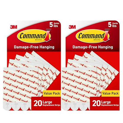 Command Indoor Large Replacement Strips, Holds up to 5 lb, 40 Adhesive Strips – Damage-Free Wall Hanging Refill, Re-Hang Large Hooks for Home Décor and Wall Décor - size: 40 Strips