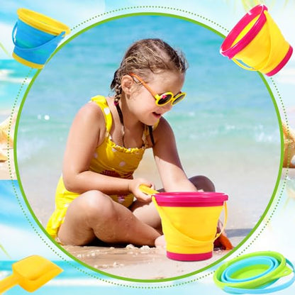 Realspring 3 Pcs Summer Foldable Pail Bucket with Shovels 2.5 L Collapsible Sand Bucket Foldable Beach Toys for Beach Party Outdoor Activity (Classic Color)