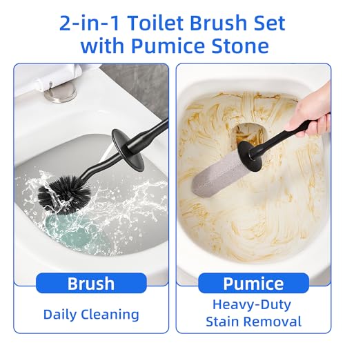Toilet Brush and Holder Set with Pumice Stone – Long Handle Toilet Bowl Brush, Anti-Splash Scrubber, Ventilated Drip-Free Base, Deep Cleaner for Hard Water Stains, Limescale, Toilet Rings - color: Black