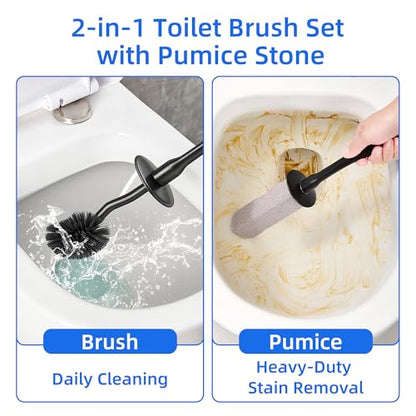 Toilet Brush and Holder Set with Pumice Stone – Long Handle Toilet Bowl Brush, Anti-Splash Scrubber, Ventilated Drip-Free Base, Deep Cleaner for Hard Water Stains, Limescale, Toilet Rings - color: Black