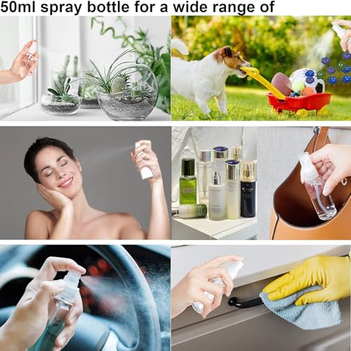 2 oz Small Spray Bottles for Travel, TSA Approved Clear Plastic Fine Mist Travel Size Toiletries Containers, Leak-Proof Refillable Empty Mini Liquid Cosmetics Dispenser Kit with Funnels & Labels