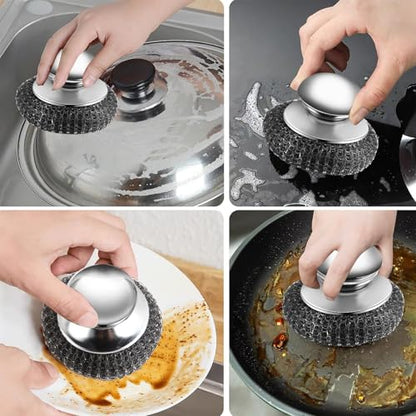 Steel Wool Scrubber Set, 2 Pack Stainless Steel Scrubber with Stainless Steel Handle for Cleaning Dish, Cast Iron, Stock Pot, Pan, Griddle, Grill, Stove, Sink, Bathtub, Tile, with 3 Replacement Pads - color: Silver - Steel