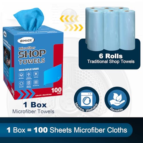UNIMADE Shop Towels, 100 Sheets Microfiber Cleaning Cloth Commercial Grade Washcloths Lint-Free Bulk Shops Rags for Cars Mechanic Restaurant Garage Housekeeping, 11"x 9", Blue - color: Blue