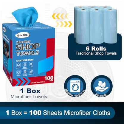UNIMADE Shop Towels, 100 Sheets Microfiber Cleaning Cloth Commercial Grade Washcloths Lint-Free Bulk Shops Rags for Cars Mechanic Restaurant Garage Housekeeping, 11"x 9", Blue - color: Blue