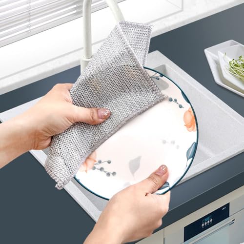 INOOMP 10pcs Reusable Wire Mesh Dishwashing Rags Scrub Pads Silver Double-Layer Kitchen Cleaning Cloths for Non-Scratch Dish and Bowl Washing