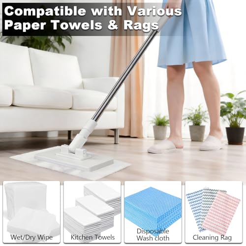 2 PCS Snap Grip Mini Mop Set with 36in Handle & 10 PCS Reusable Cloths, Convenient Cloth Changing Mini Mop Automatic Gripping or Releasing, 360° Rotating Head for Wet & Dry Cleaning, Corners