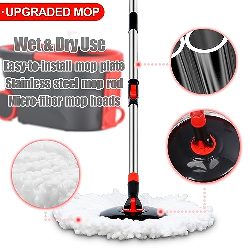 Spin Mop and Bucket with Wringer Set on Wheels, 360° Spinning Mop Bucket System with 3 Microfiber Mop Replacement Heads and 61" Stainless Steel Adjustable Handle for Floor Cleaning - color: Black-3