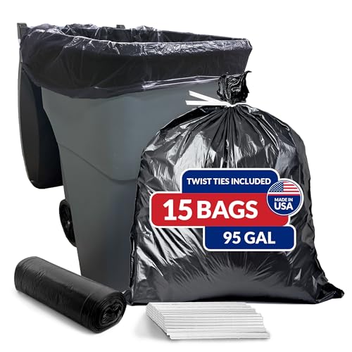 Reli. 95 Gallon Trash Bags Heavy Duty (15 Count) | Black | Twist Ties Included | Extra Tough, Leak-Proof Garbage Bags | Ideal for Large Clean Ups