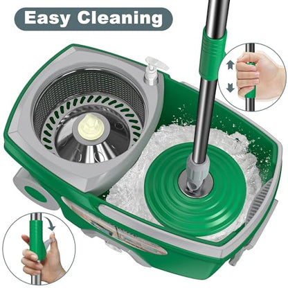 Dual Compartment Spin Mop and Bucket, Mop and Bucket with Wringer Set,360°Rotating Spinning Mopping for Floor Cleaning with 6 Microfiber Replacement Heads, 61" Extended Handle, 2X Wheel - Deep Green - size: Deep Green Mop Bucket + 6 Mop Heads