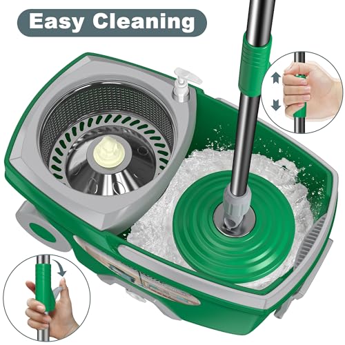 Dual Compartment Spin Mop and Bucket, Mop and Bucket with Wringer Set,360°Rotating Spinning Mopping for Floor Cleaning with 6 Microfiber Replacement Heads, 61" Extended Handle, 2X Wheel - Deep Green - size: Deep Green Mop Bucket + 6 Mop Heads