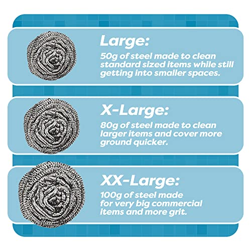 12 Pack Stainless Steel Scourers by Scrub It – Steel Wool Scrubber Pad Used for Dishes, Pots, Pans, and Ovens. Easy scouring for Tough Kitchen Cleaning. (X Large (80 gram)) - size: X Large (80 gram)