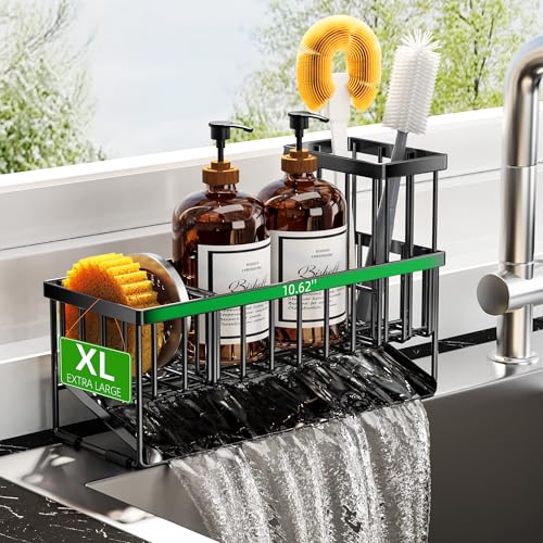 Cisily Extra Large Kitchen Sink Caddy Organzier with High Brush Holder, Sponge Holder for Sink, 304 Rustproof Stainless, Kitchen Countertop Soap Dispenser Organizer For Decor and Accessories - color: Matte Black, size: 10.62″