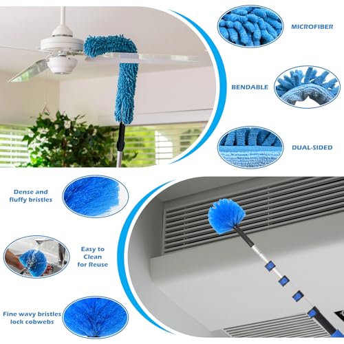 16FT Reach High Ceiling Duster Kits with 3-12FT Adjustable Pole - Includes Extra Long Duster, High Ceiling Duster, Rotatable Window Squeegee & Cobweb Duster for Ceiling Fans and Whole House Cleaning - color: Blue, size: 12FT