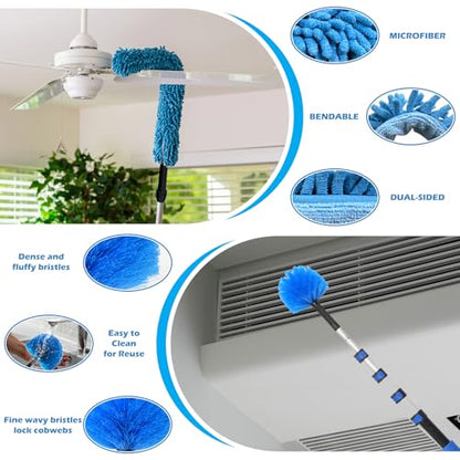 16FT Reach High Ceiling Duster Kits with 3-12FT Adjustable Pole - Includes Extra Long Duster, High Ceiling Duster, Rotatable Window Squeegee & Cobweb Duster for Ceiling Fans and Whole House Cleaning - color: Blue, size: 12FT