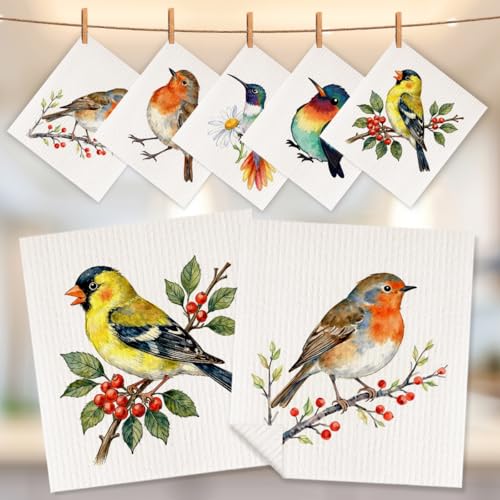 5 Pcs Colorful Bird Swedish Dishcloths, Bird Themed Swedish Dishcloth, Spring Summer Dish Cloths for Drying Dishes, Reusable Cleaning Cloths, Housewarming Gifts for Women - color: Lm 04246
