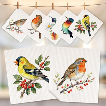 5 Pcs Colorful Bird Swedish Dishcloths, Bird Themed Swedish Dishcloth, Spring Summer Dish Cloths for Drying Dishes, Reusable Cleaning Cloths, Housewarming Gifts for Women - color: Lm 04246