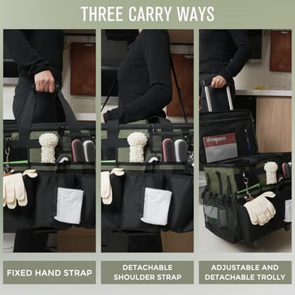 Rolling Cleaning Caddy Bag with Detachable Trolley, Large Cleaning Supplies Organizer with Wheels, Multi-Pocket Cleaning Cart with Adjustable Shoulder Strap for Housekeepers & Home Use, Armygreen - color: Armygreen