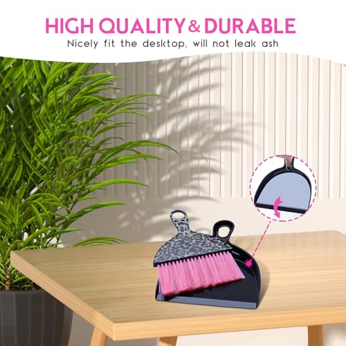 THINKLEARN 2PCS Small Dust Pan and Brush Set, Mini Broom Dustpan Kit | Portable Brush Dustpan Combo Set, Pink Leopard Print Design, Compact Cleaning Supplies - color: Pink