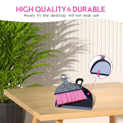 THINKLEARN 2PCS Small Dust Pan and Brush Set, Mini Broom Dustpan Kit | Portable Brush Dustpan Combo Set, Pink Leopard Print Design, Compact Cleaning Supplies - color: Pink